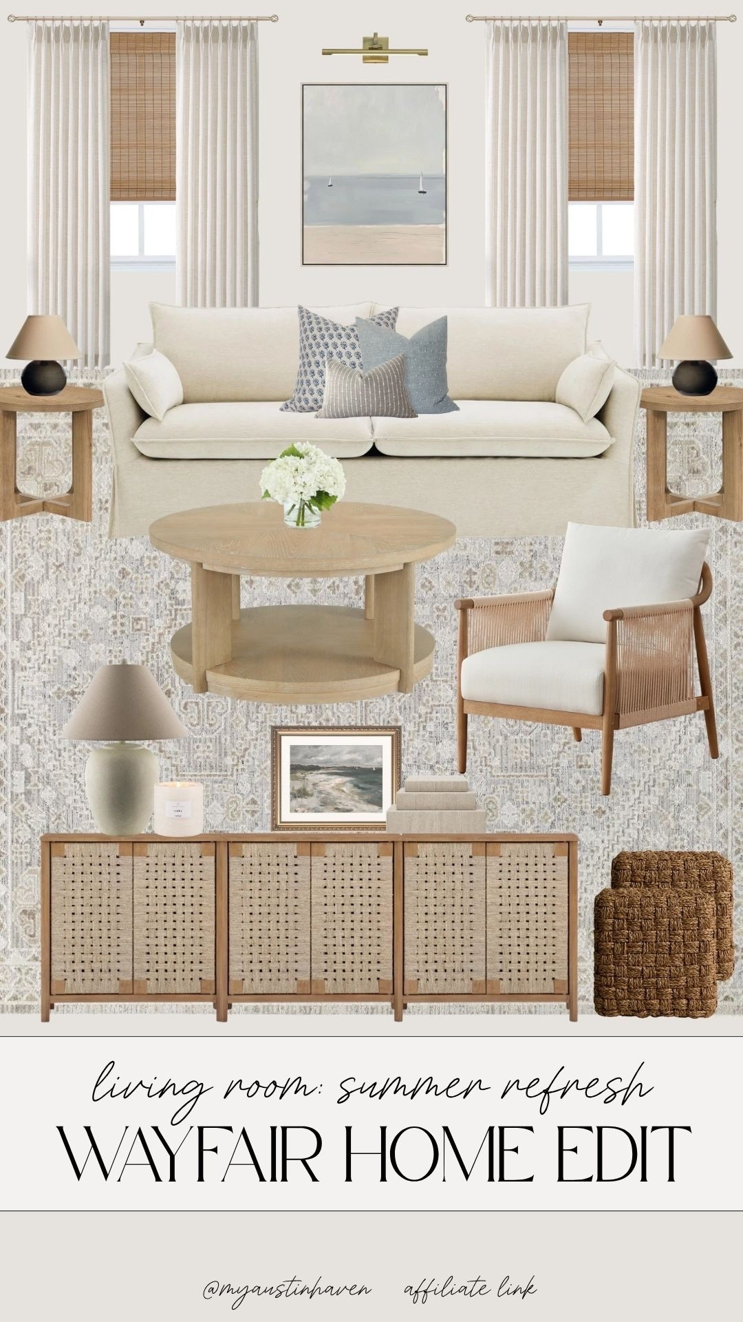 Wayfair living room finds for a light summer refresh with cozy neutrals, woven textures and soft coastal details. 🌊

Wayfair home, Wayfair living room, Wayfair finds, living room refresh, summer home, home edit, neutral living room, coastal decor, coastal style, sofa, cream sofa, accent chair, coffee table, side table, console table, woven cabinet, area rug, bamboo shades, white curtains, throw pillows, blue pillows, table lamp, wall art, picture light, hydrangeas, decorative books, woven baskets, cozy home, timeless decor.

#LTKHome #LTKSaleAlert