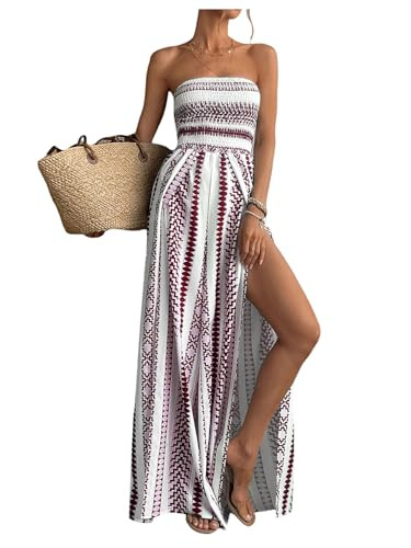 SOLY HUX Women's Boho Printed Tube Top Romper Strapless High Split Wide Leg Vacation Jumpsuits | Amazon (US)