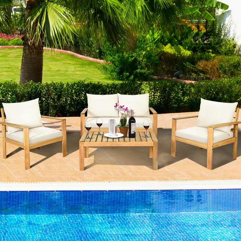 Gymax 4PCS Patio Acacia Wood Conversation Furniture Set w/ Off White Cushions | Walmart (US)