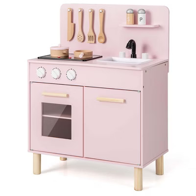 Costway Kids Kitchen Playset with Light up Stove & Cooking Sounds Oven Sink Faucet Pink | Target