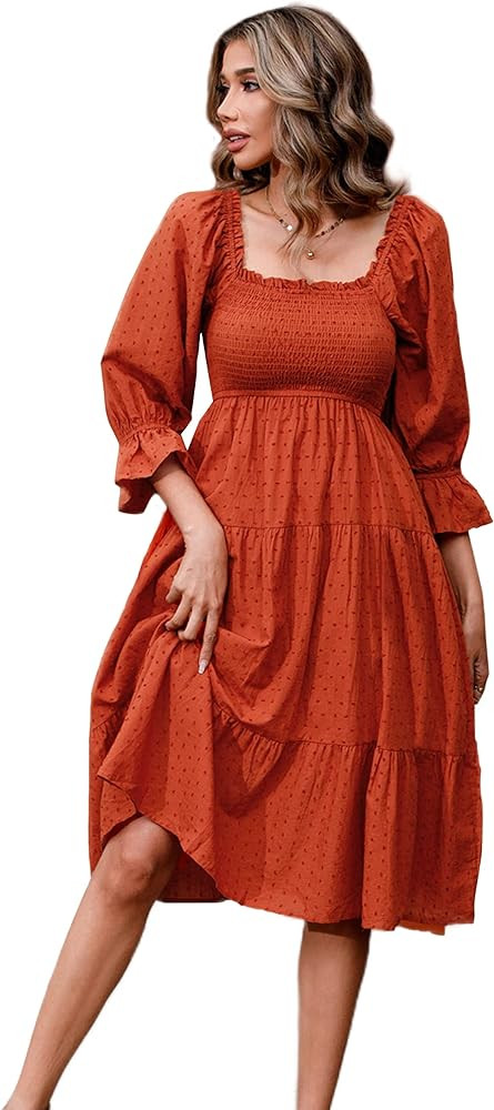 R.Vivimos Women's Summer Cotton Plaid Puff Sleeves Bow Casual Off-Shoulder Boho Midi Dress | Amazon (US)