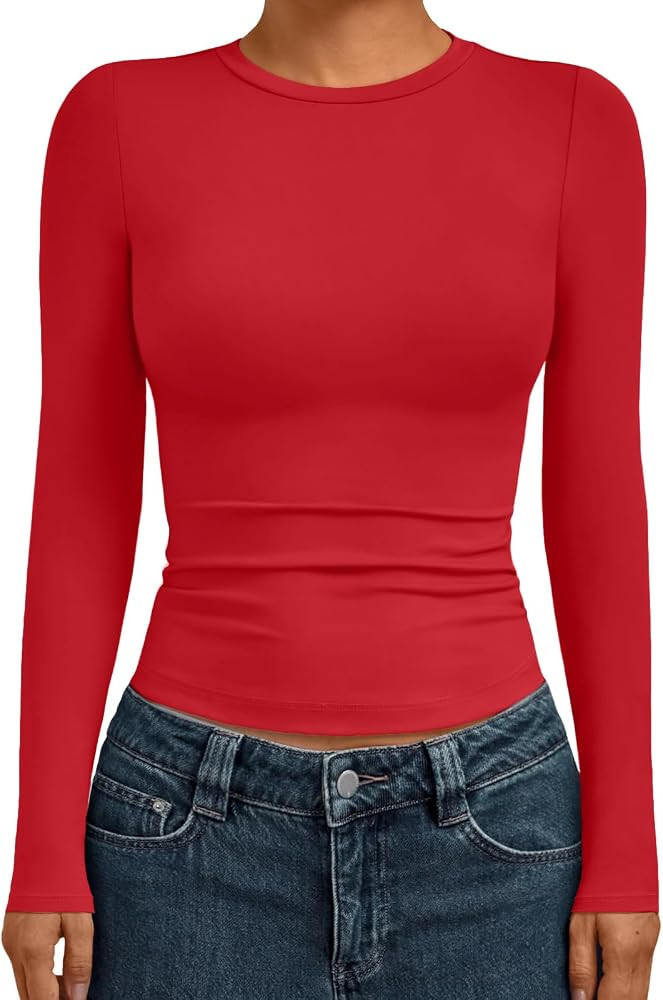 AUTOMET Womens Long Sleeve Shirts Basic Compression Tops Slim Fit Crew Neck Layering Underscrubs ... | Amazon (US)