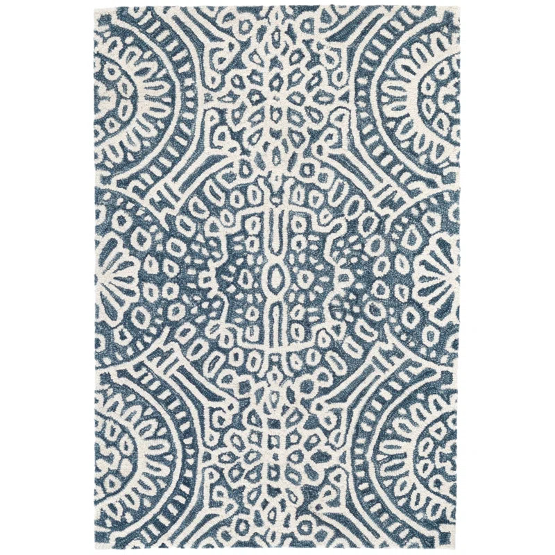 Temple Handmade Hand Hooked Wool Blue/White Rug | Wayfair North America