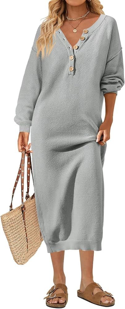 MEROKEETY Women's 2023 Long Sleeve Button V Neck Sweater Dress Casual Fall Loose Knit Maxi Dress | Amazon (US)