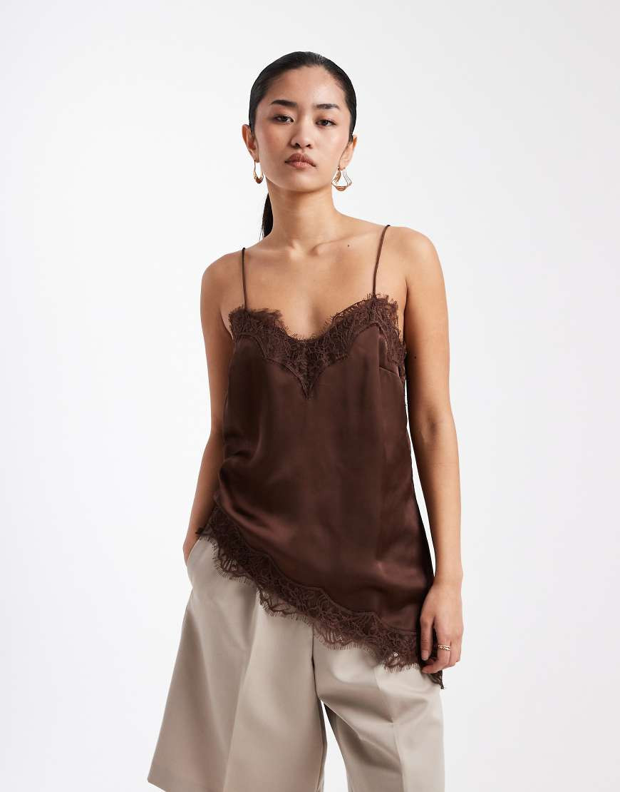 New Look longline lace asymmetric cami top in brown | ASOS (Global)