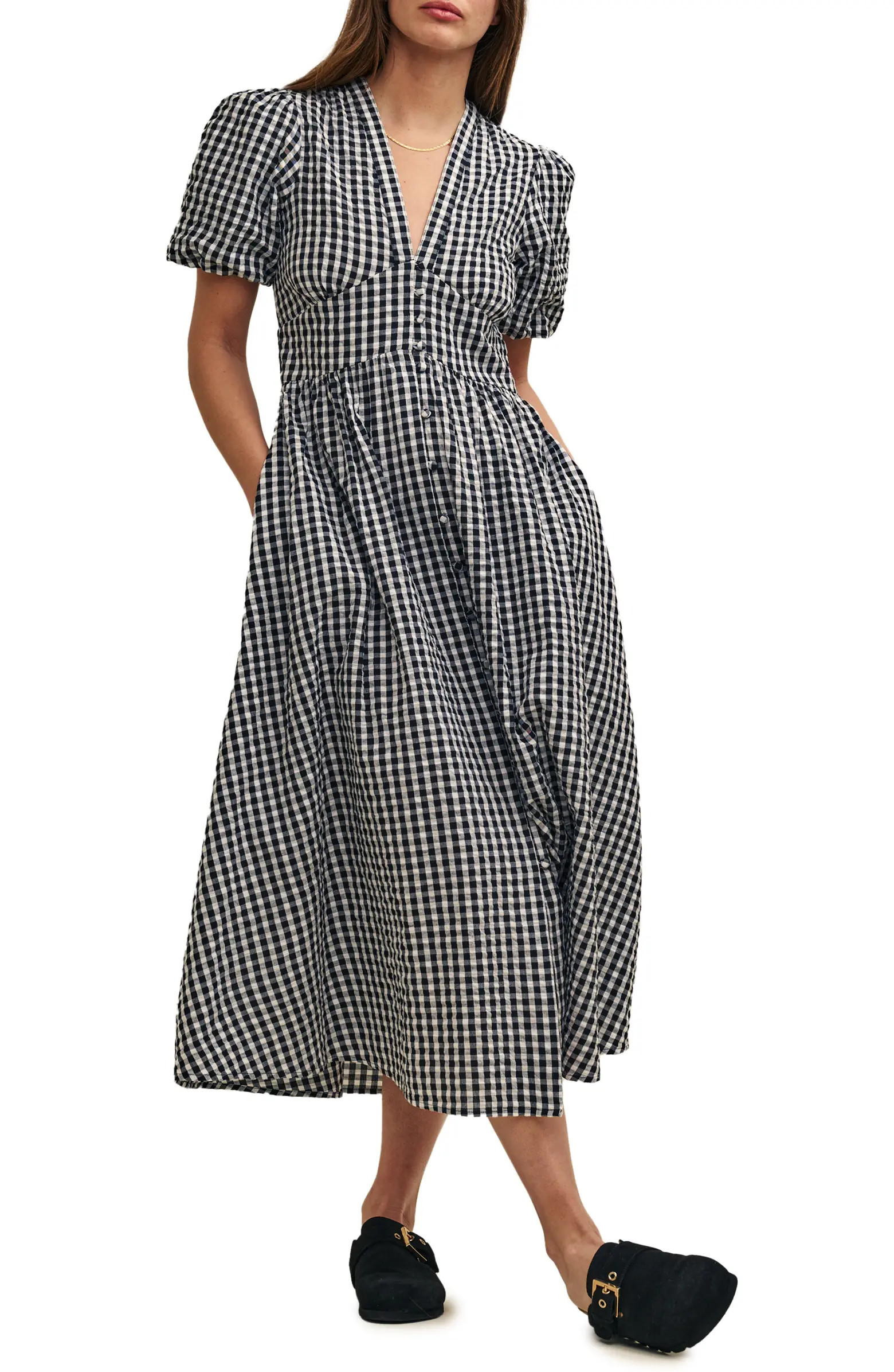 Starlight Mono Gingham Button Front Seersucker Organic Cotton Midi Dress | Nordstrom