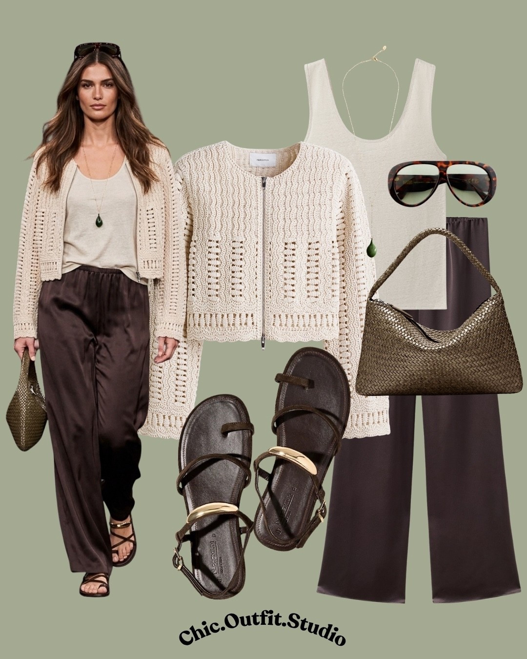 Crochet Cardigan Outfit
✨A soft neutral crochet cardigan layered over a simple tank and flowy  chocolate brown trousers creates an effortless, textured spring look. The mix of airy knits and lightweight fabrics feels breathable yet polished, perfect for café mornings, weekend strolls, vacation outfits, or relaxed daytime plans. Easy layering that brings warmth, movement, and understated elegance to transitional weather.
✨Tags: crochet cardigan outfit women, neutral spring outfit, brown trousers outfit, textured spring outfit, minimalist chic outfit, effortless European style, casual elegant outfit, spring layering ideas, warm weather knit outfit, everyday elevated look

#LTKstyletip #LTKspring #LTKshoes