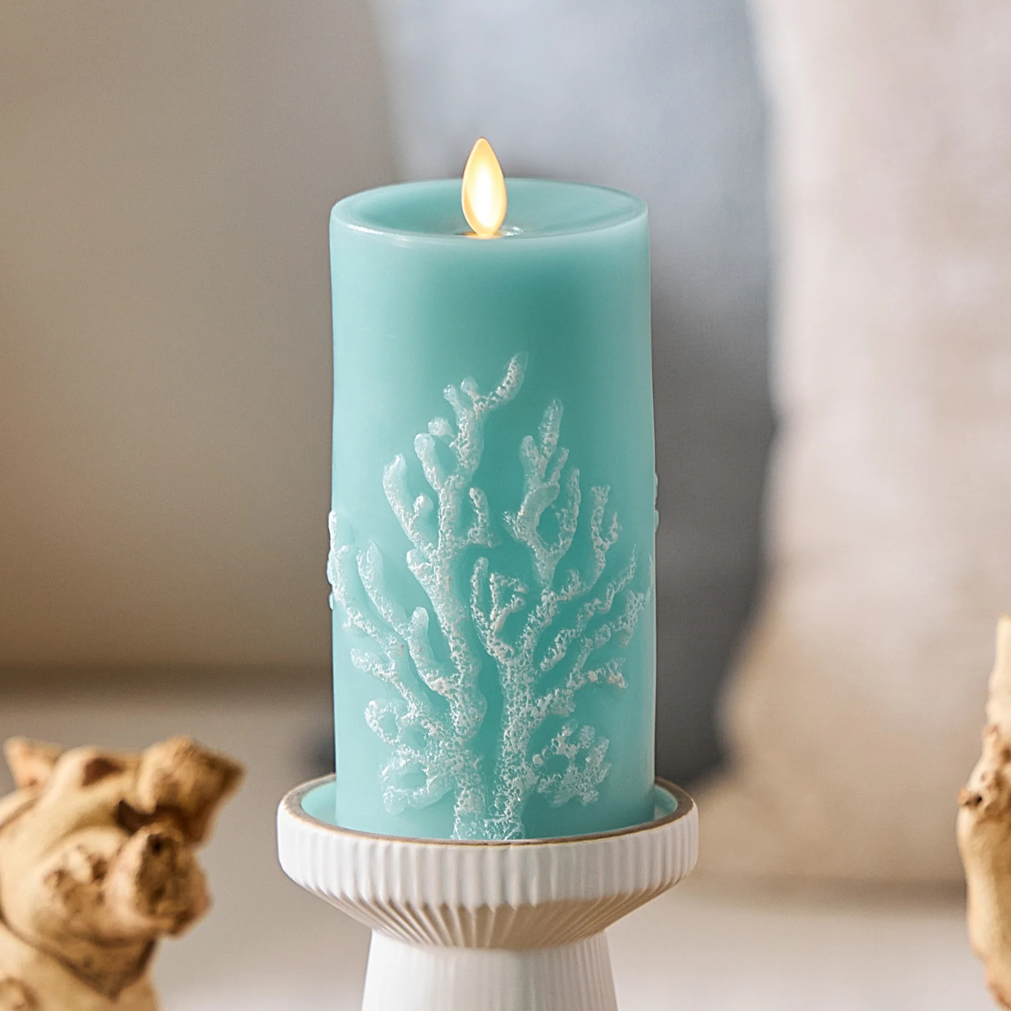 Soft Teal Embossed Coral Flameless Candle Pillar | Luminara