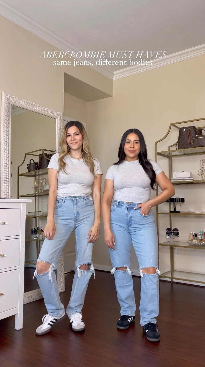 Abercrombie denim on sale 20% off + extra 25% off clearance prices! 
Jasmin (left) is wearing a size 26 regular 
Vannesa (right) is wearing a size 27 short curve love fit 
Grey baby tee: both wearing small 
Adidas sambas sneakers 

#LTKStyleTip #LTKSaleAlert #LTKSummerSales