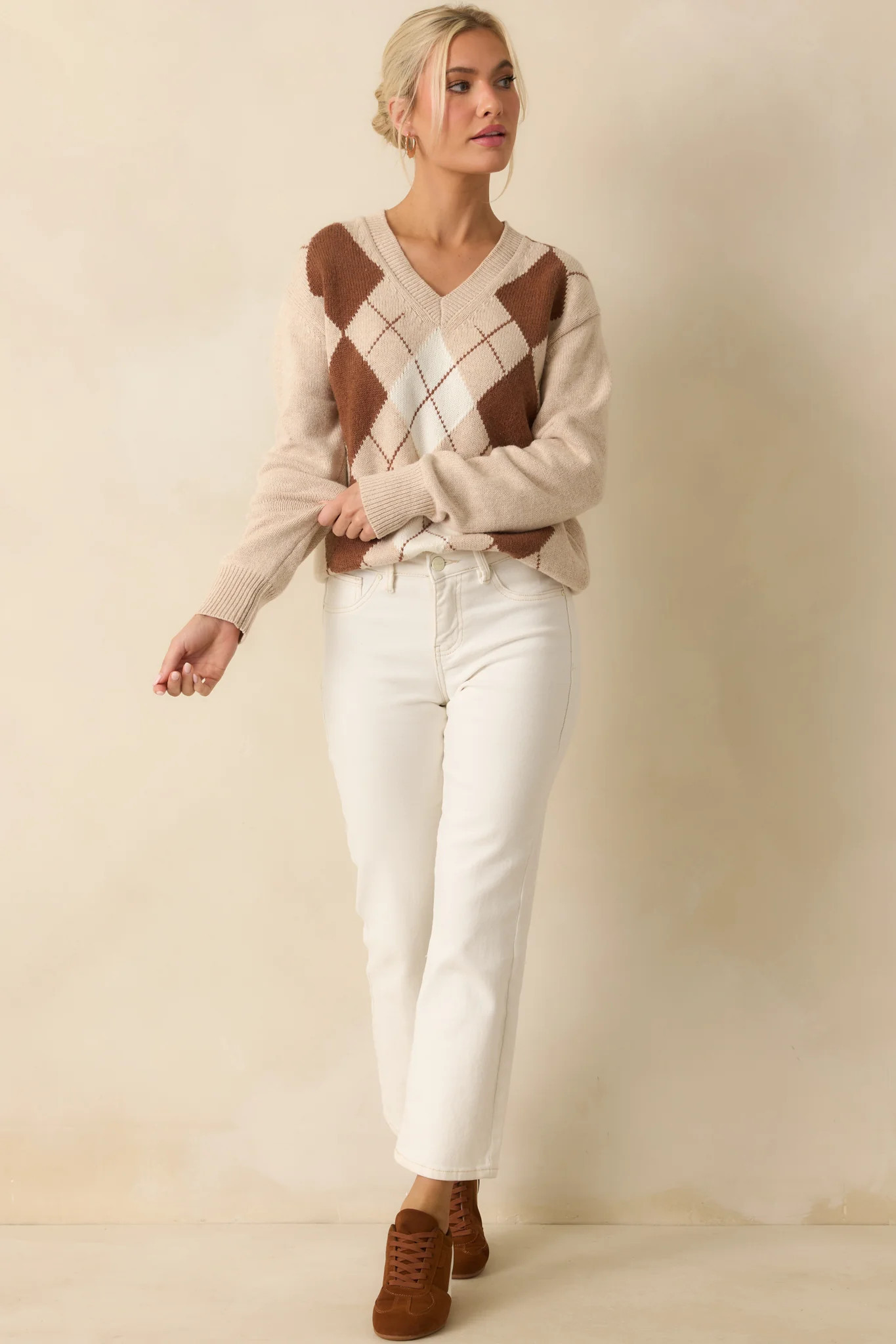 On Good Authority Beige Argyle Cotton Blend V-Neck Sweater | Red Dress