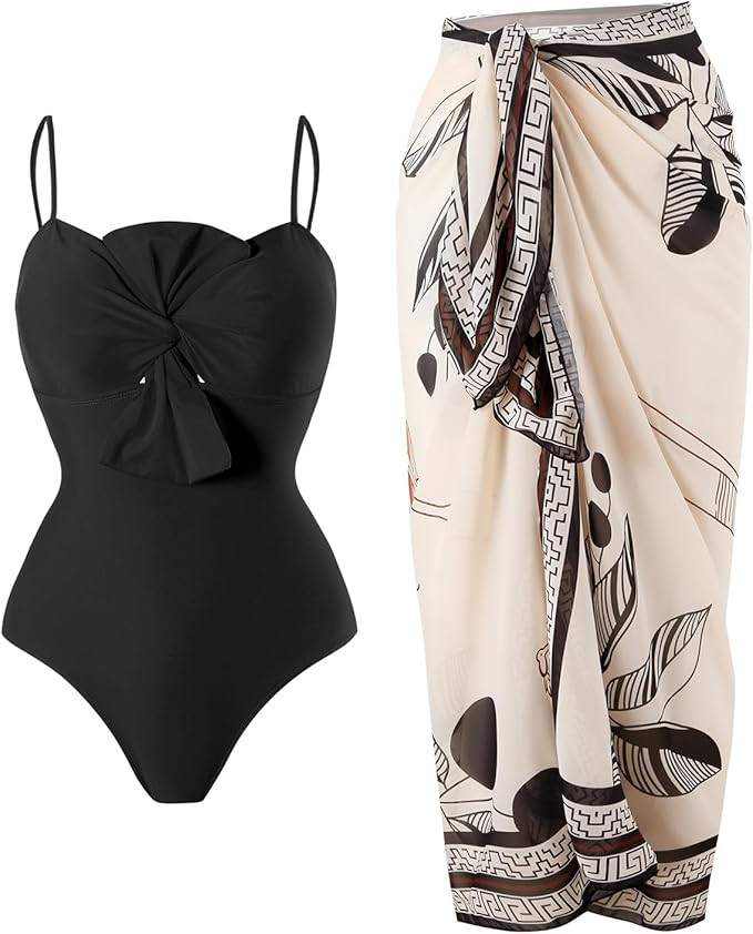 One Piece Swimsuit Women with Cover Up Set Retro Bathing Suit for Women Tummy Control Beach Wrap ... | Amazon (US)