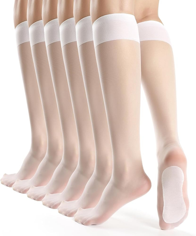 albagu Womens 6 Pairs Knee High Sheer Tight Socks Silky Anti-Slip Cotton Sole High Elasticity Top... | Amazon (US)
