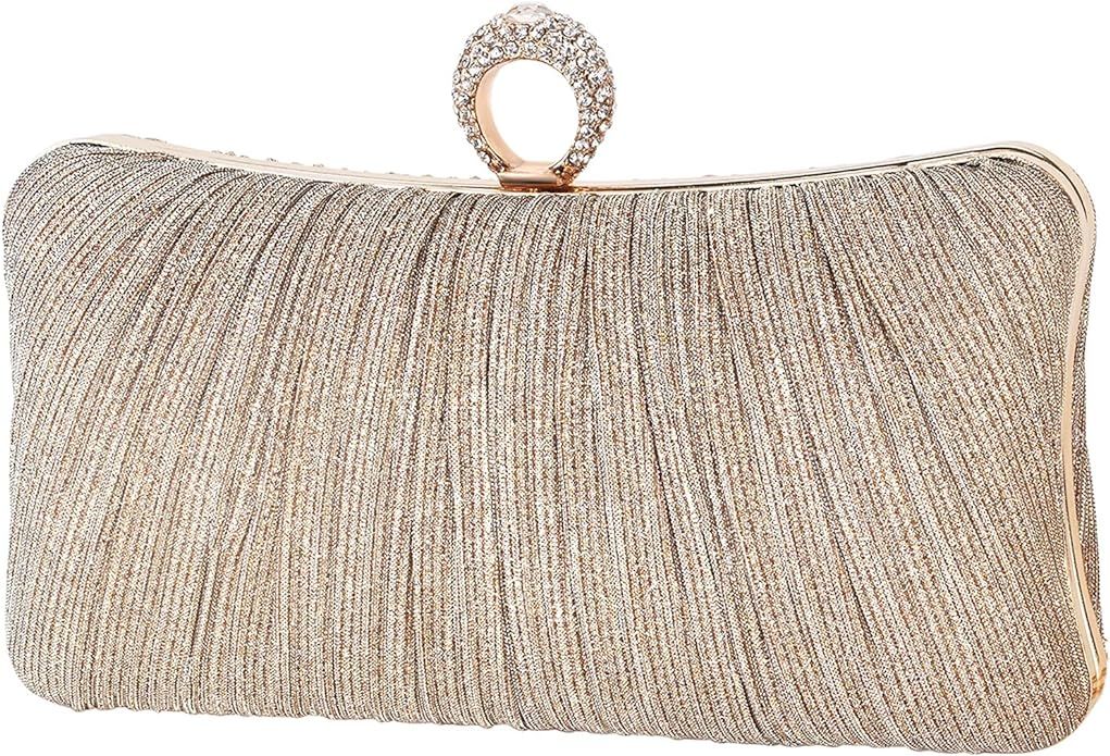 Womens Golden Glitter Clutch Purse Pleated Evening Bag for Bridal Wedding Party with Rhinestone R... | Amazon (US)