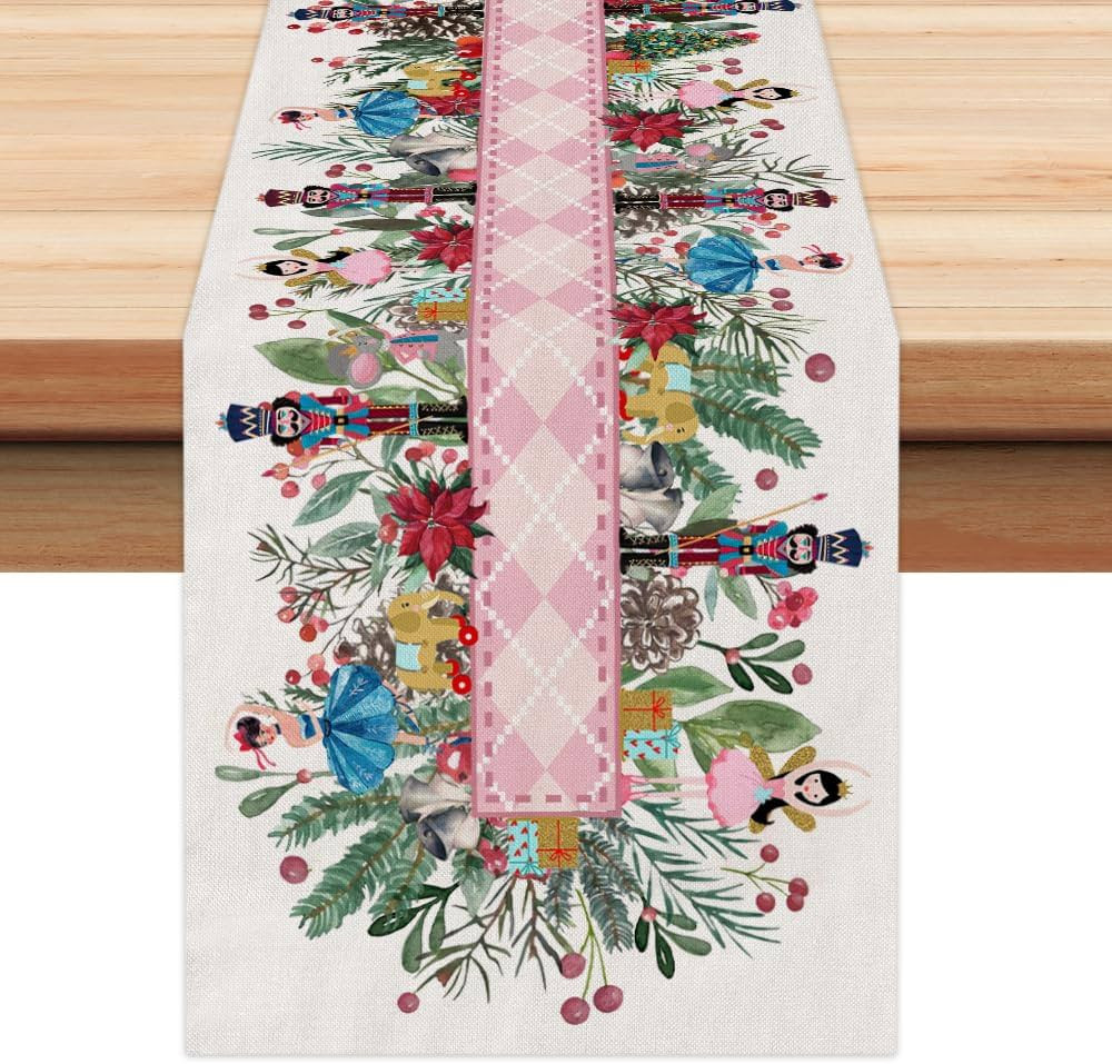 ARKENY Christmas Table Runner 13x72 Inches,Nutcracker Flower Tree Winter Seasonal Burlap Pink Dia... | Amazon (US)