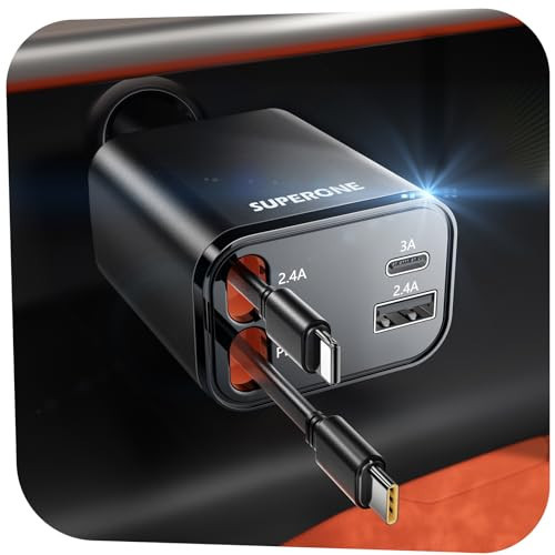 Retractable Car Charger, SUPERONE 69W Car Phone Charger with Cables Fast Charging, USB C Car Charger Adapter for iPhone 16 15 14 13 12, Samsung, Black | Amazon (US)