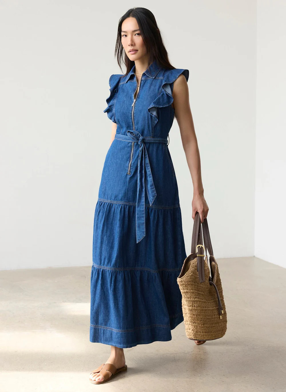 Indigo Denim Ruffle Maxi Shirt Dress | Mint Velvet