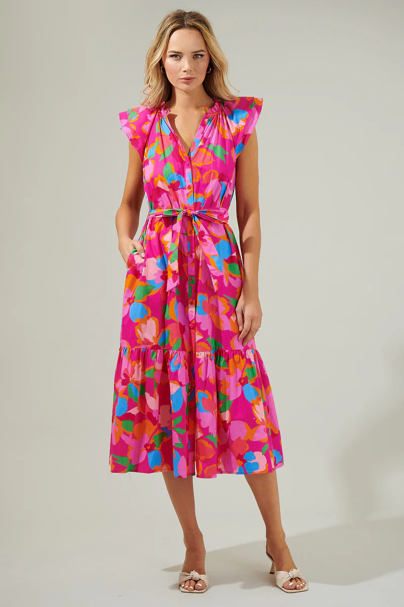 Daphne Floral Charlotte Button Midi Dress | Sugarlips