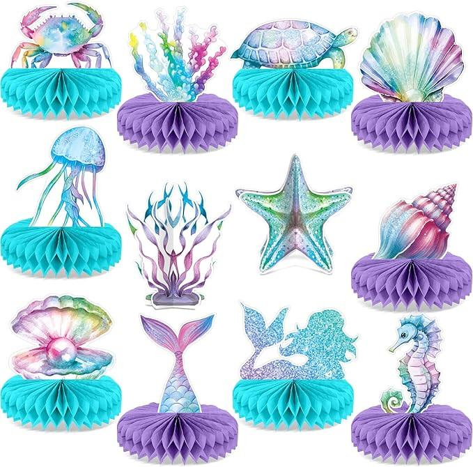 12Pcs Mermaid Party Supplies Mermaid Birthday Honeycomb Centerpieces for Under The Sea Party Deco... | Amazon (US)