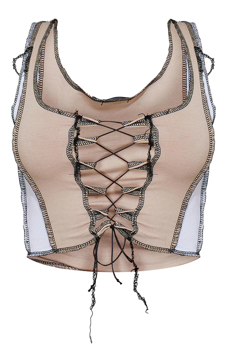 Nude Jersey Contrast Stitch Lace Up Crop Top | PrettyLittleThing US