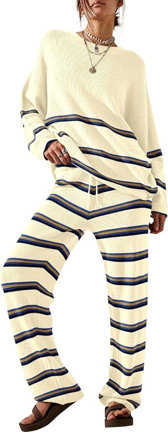 Saodimallsu Womens 2 Piece Outfits Sweater Sets Striped Sweater Oversized Trendy Fall Pullover Sw... | Amazon (US)
