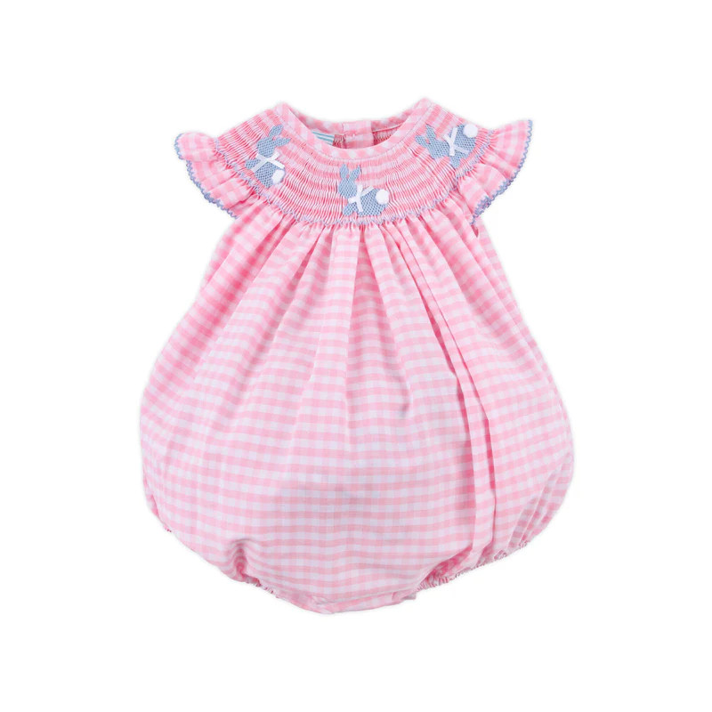 Bunnies Pink Gingham Smocked Angel Sleeve Bubble | Classic Whimsy