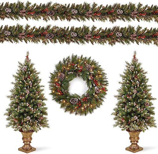 National Tree Company Pre-lit Holiday Christmas 5-Piece Set | Wreath, Set of 2 Entrance Trees and... | Amazon (US)