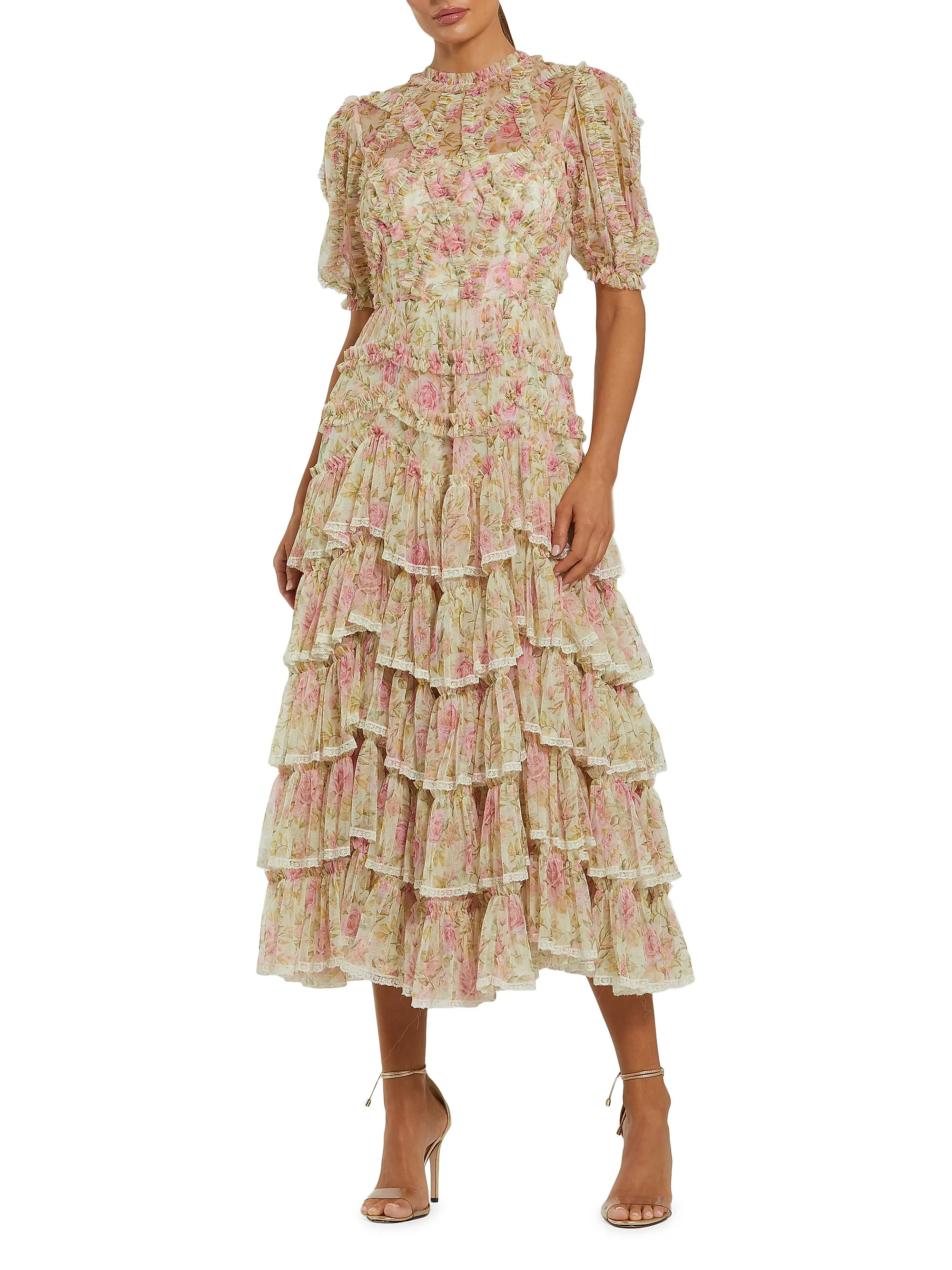 Floral Ruffle HIgh-Neck Cocktail Dress | Saks Fifth Avenue