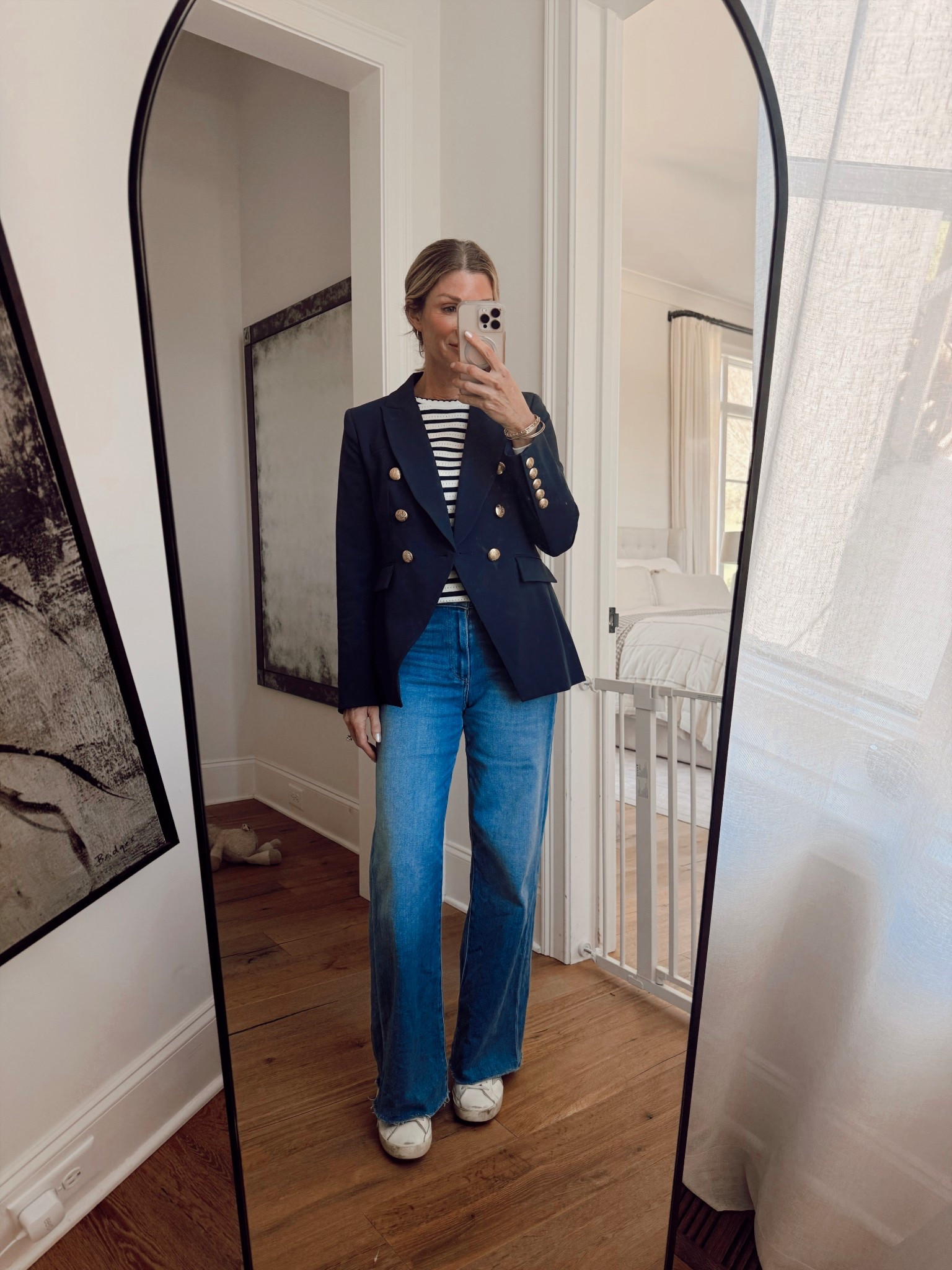 Day to night - wearing a small in blazer, XS in stripe top, jeans are TTS