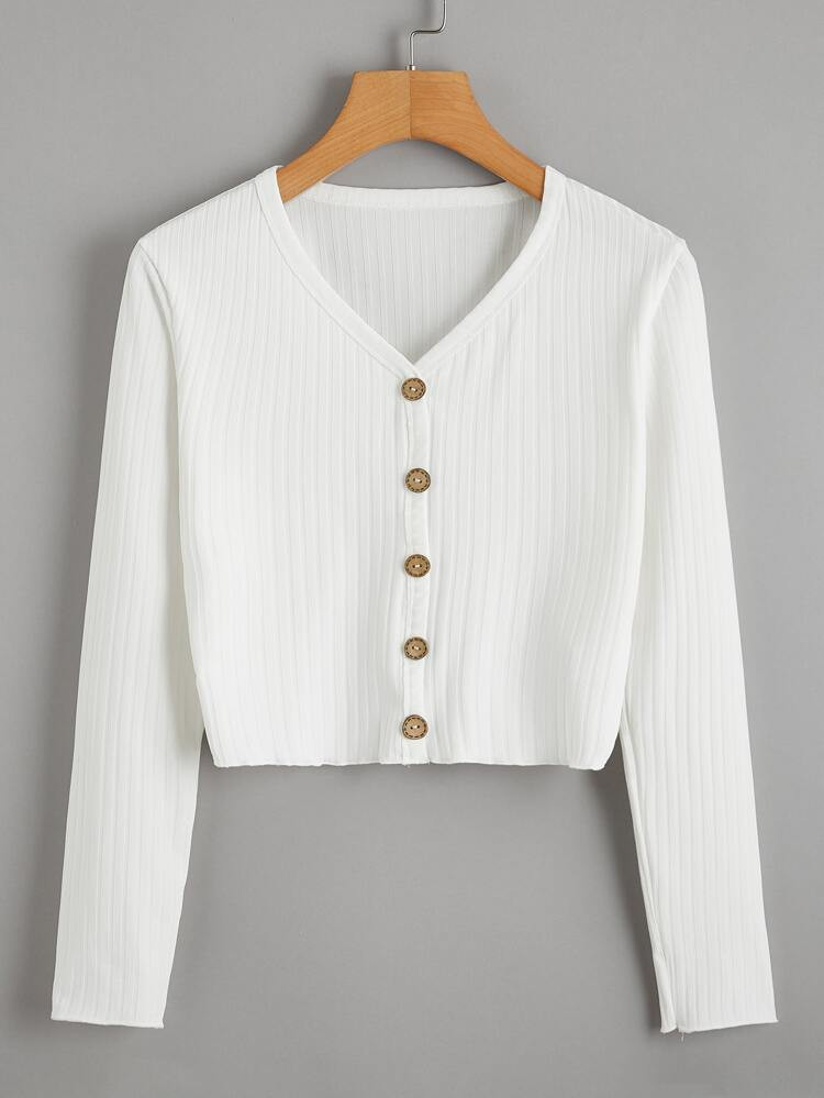 Button Front Rib-Knit Crop Tee | SHEIN