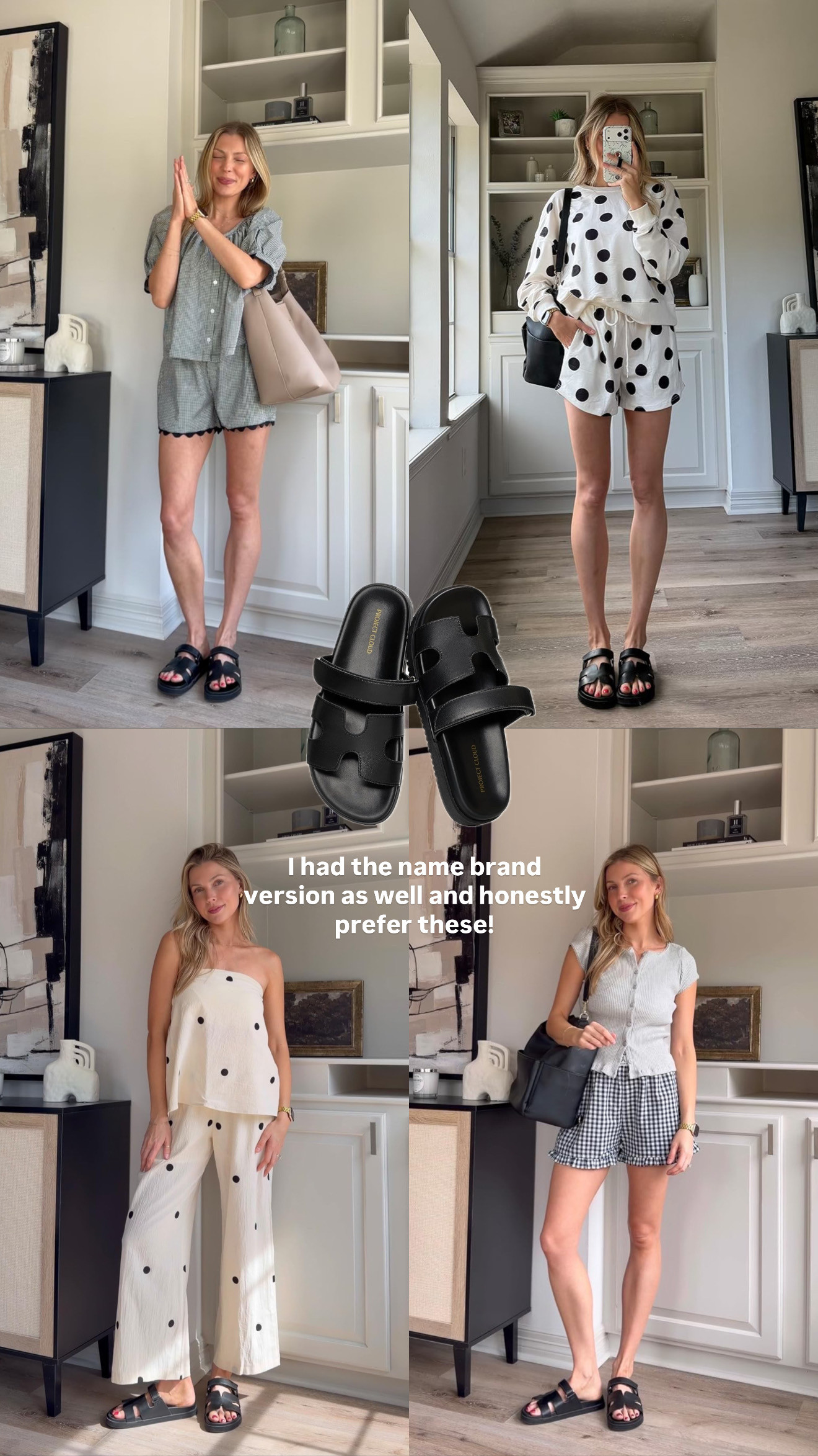 Own these sandals in so many colors, they're so good!! S gingham set, M lounge polka dot set, S pant set, S grey top, M boxer shorts 

 #LTKootd
