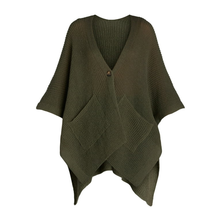 Time and Tru Women's Knit Fashion Ruana with Single Button, One Size, Faded Green | Walmart (US)