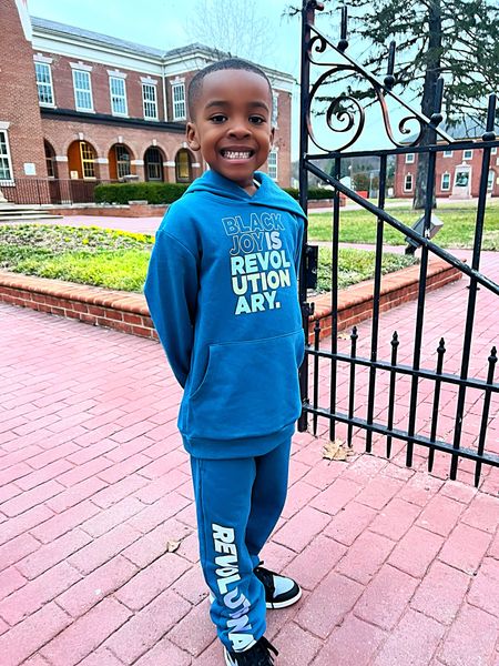 This is a great sweatsuit from Target for Black History Month! My son loves this sweatsuit. It says “Black Joy is Revolutionary” and “Revolutionary” on the pant leg. The color is vibrant and fun too! Lee is 6 wearing a size small. 

#LTKkids