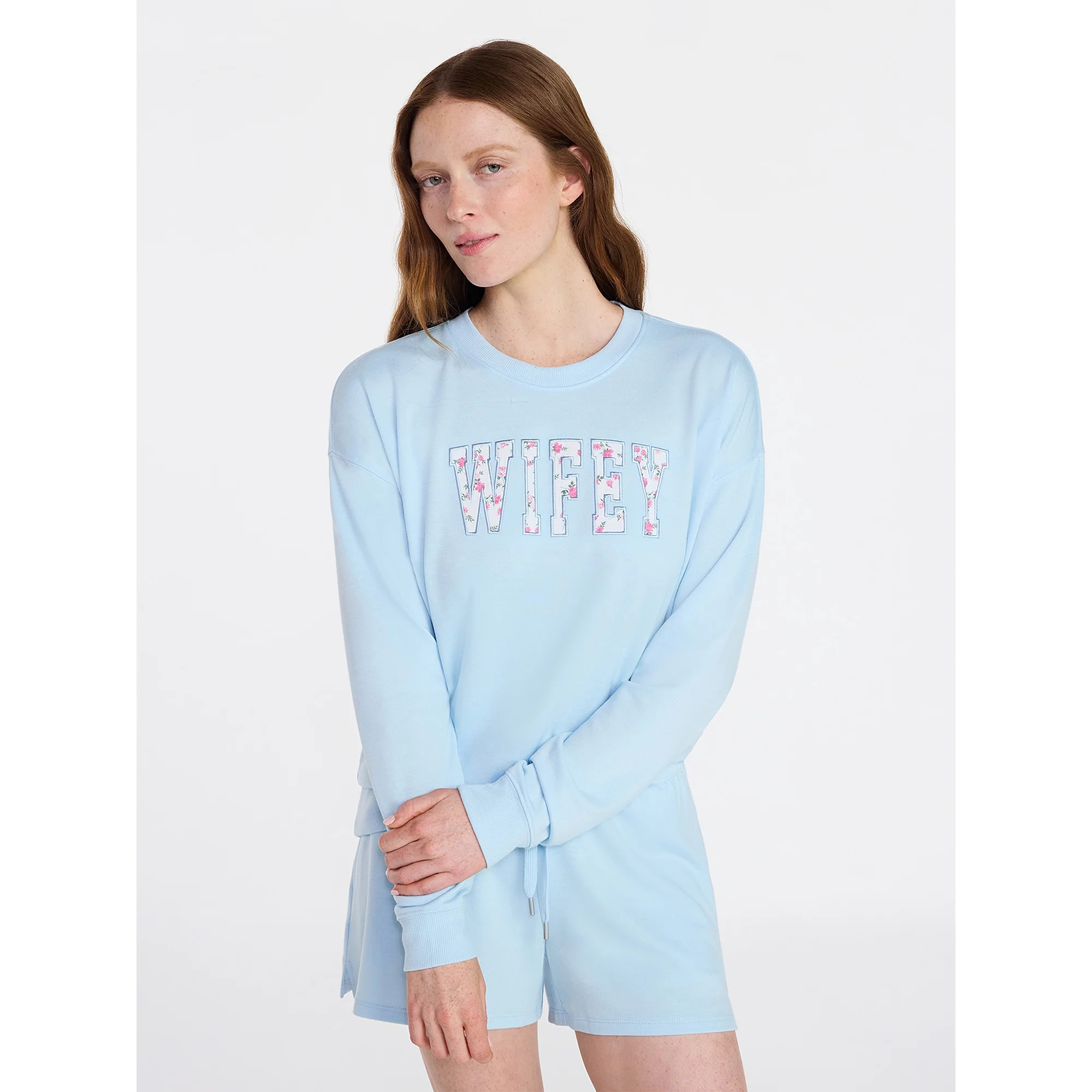 Joyspun Women's Bridal French Terry Knit Long Sleeve Top and Shorts Pajamas Set, Sizes XS-3X | Walmart (US)