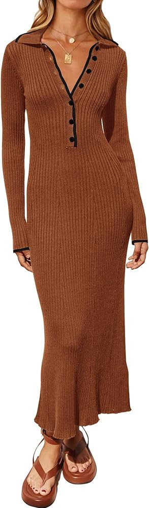 MASCOMODA Women Fall Long Sleeve V Neck Sweater Dress Casual Lapel Button Up Slim Fit Ribbed Knit... | Amazon (US)