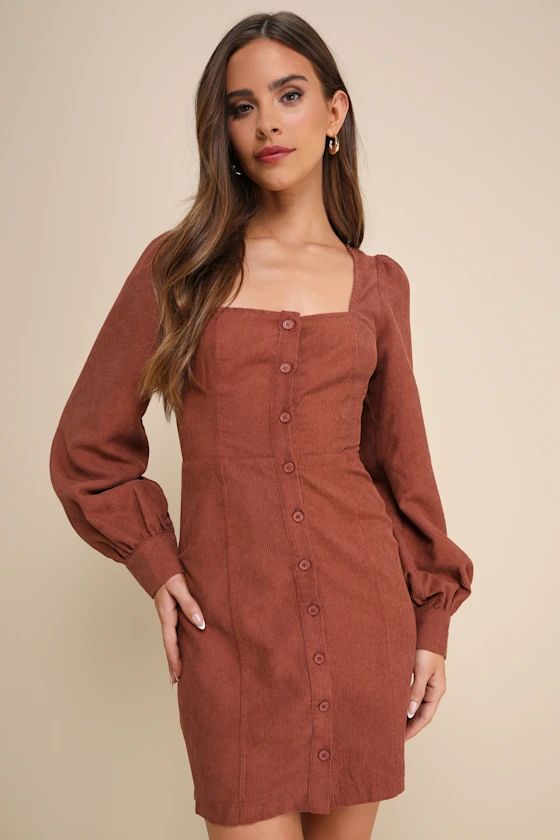 Posh Promise Brown Corduroy Long Sleeve Button-Up Mini Dress | Lulus