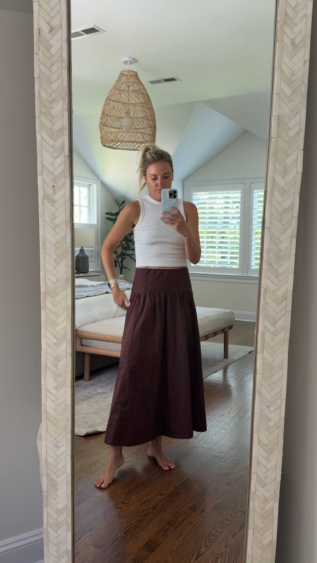 Maxi skirt you can wear now and into fall. I’m 5’5 wearing a small regular, but could have done an XS so that it fit higher on the hip // small tank