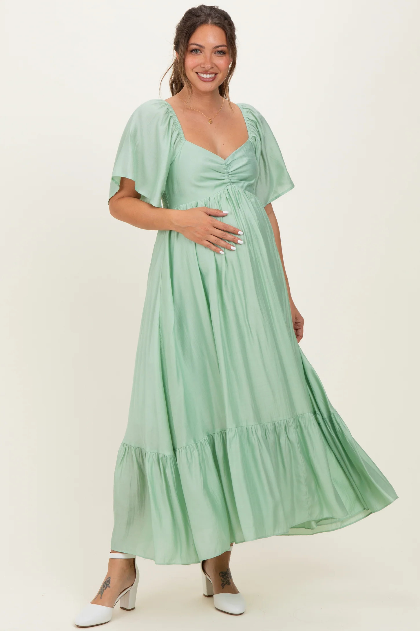 Mint Flutter Sleeve Ruffle Hem Maternity Midi Dress | PinkBlush Maternity