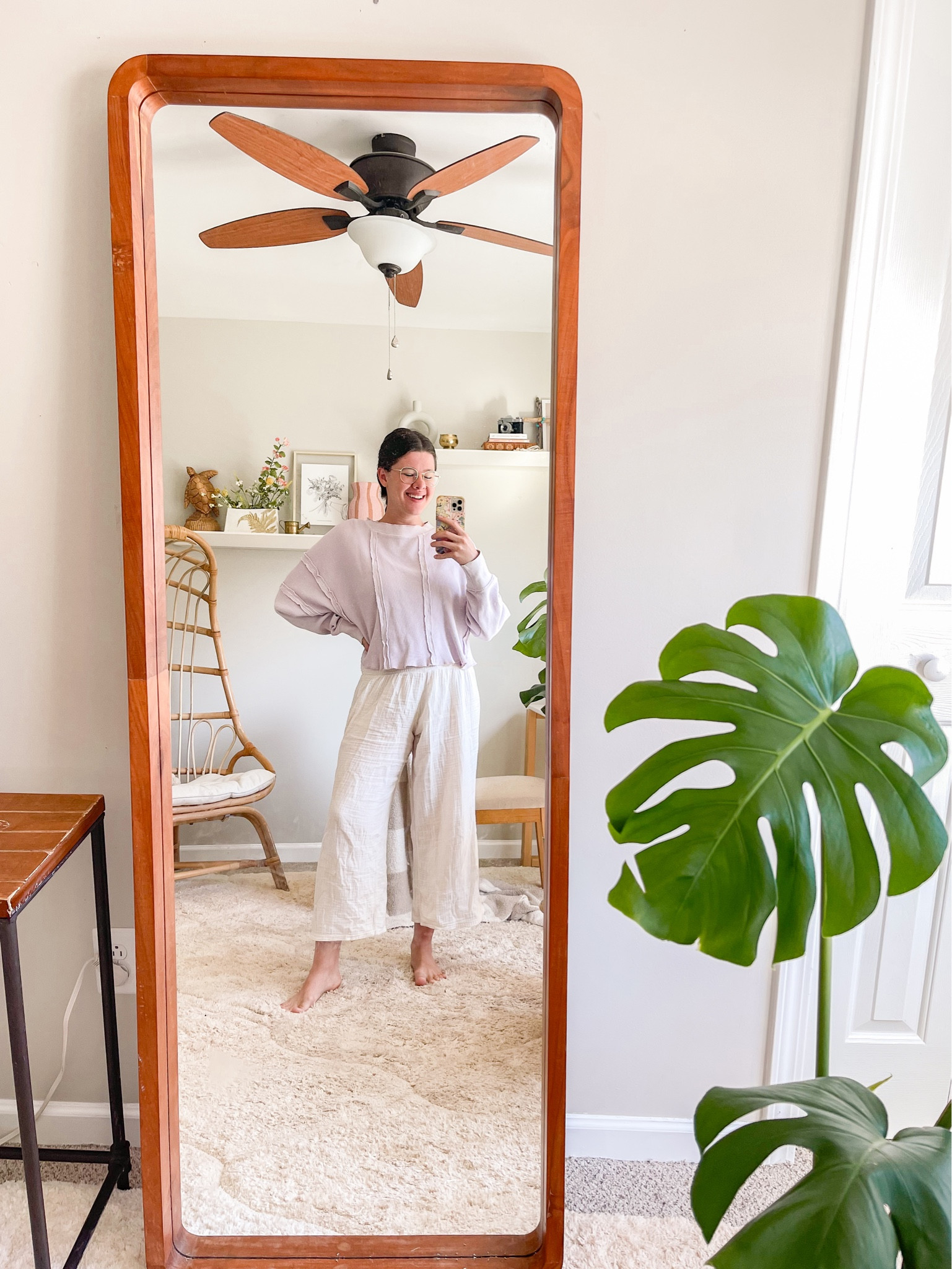 Work from home outfit!! Light purple Free People sweatshirt, and flowy cream summer pants! 