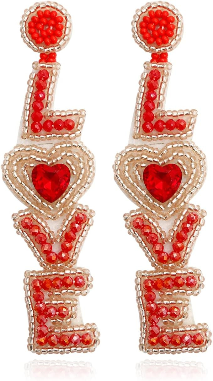 Amazon.com: Red Heart Earrings for Women Bead Love Heart Dangle Earrings for Girlfriend Valentine... | Amazon (US)