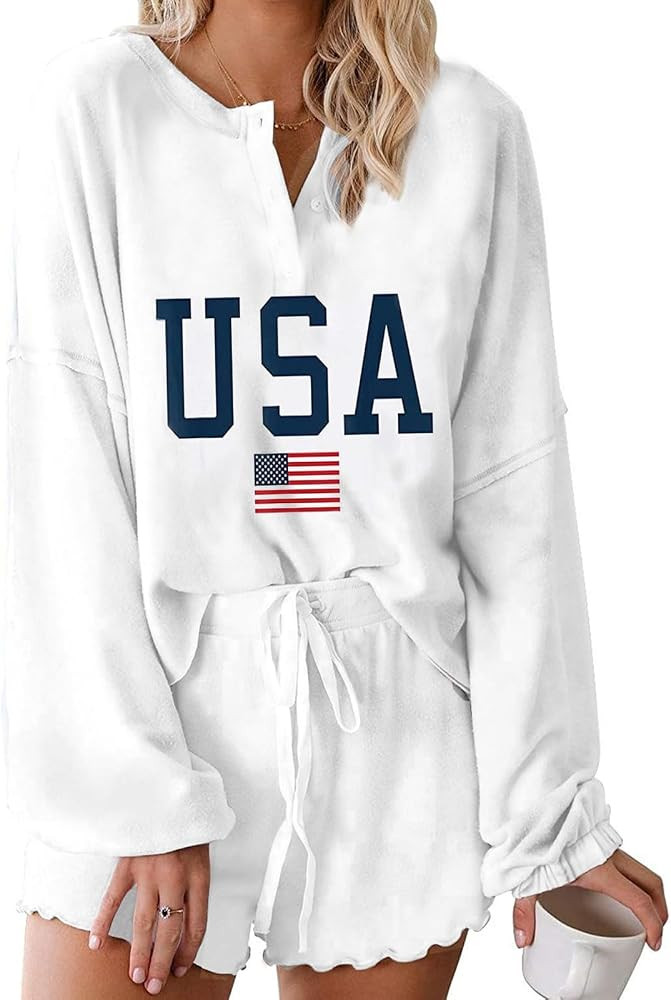 Roshop 4th of July Pajama Women\u2019s Patriotic USA Flag Stars & Stripes Matching Top & Shorts L... | Amazon (US)