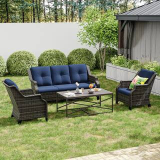 4-Piece Wicker Outdoor Patio Conversation Set Sectional Couch with Brown Steel Table and Blue Cushions | The Home Depot