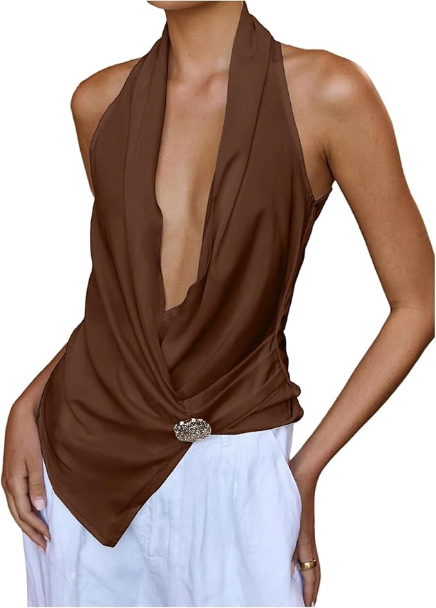 SOLY HUX Women's Halter Blouse V Neck Asymmetrical Sleeveless Shirts Office Corporate Tops | Amazon (US)