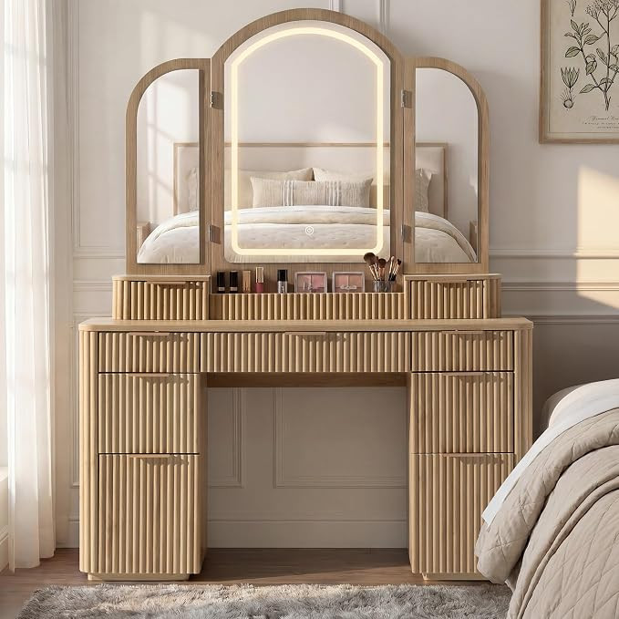 Vanity Desk with Trifold Mirrors, 52.76” Wide Makeup Vanity Table, Oak | with 9 Drawers, Adjust... | Amazon (US)