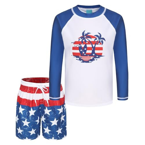 Boys Two Piece Rash Guard Swimsuits Set with Swim Trunk Kids Long Sleeve Bathing Suit Swimwear Set American Flag 5T | Amazon (US)