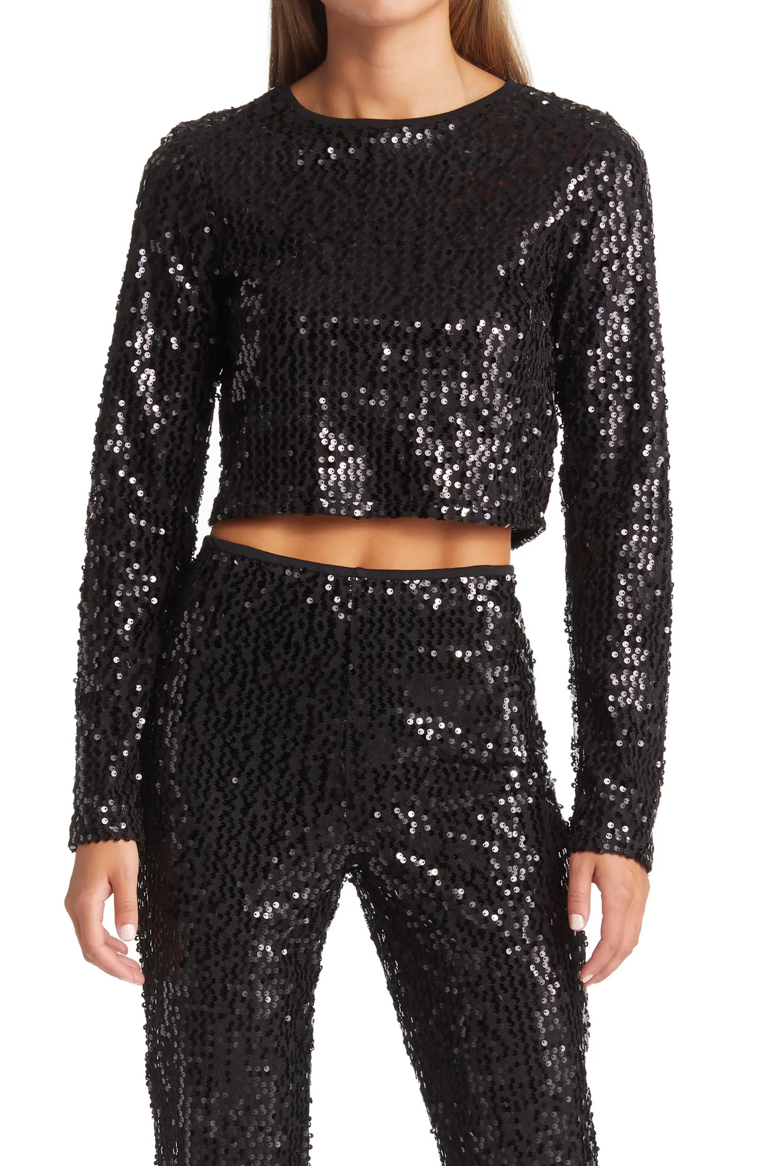 Sequin Long Sleeve Crop Top | Nordstrom
