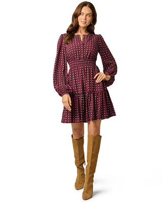 Women's Sophia Long-Sleeve A-Line Split Neck Dress | Macy's