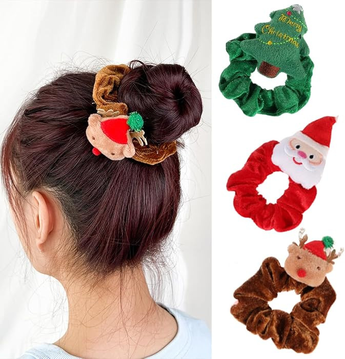 3PCS Christmas Hair Scrunchies Silk Christmas Hair Ties Elastic with Christmas tree Santa Claus E... | Amazon (US)