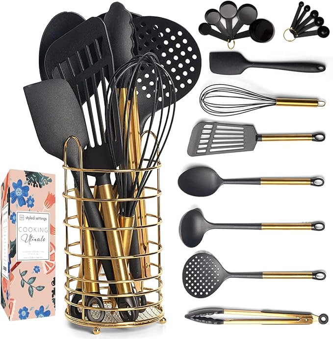 Black and Gold Kitchen Utensils with Stainless Steel Gold Utensil Holder -18 PC Black and Gold Co... | Amazon (US)