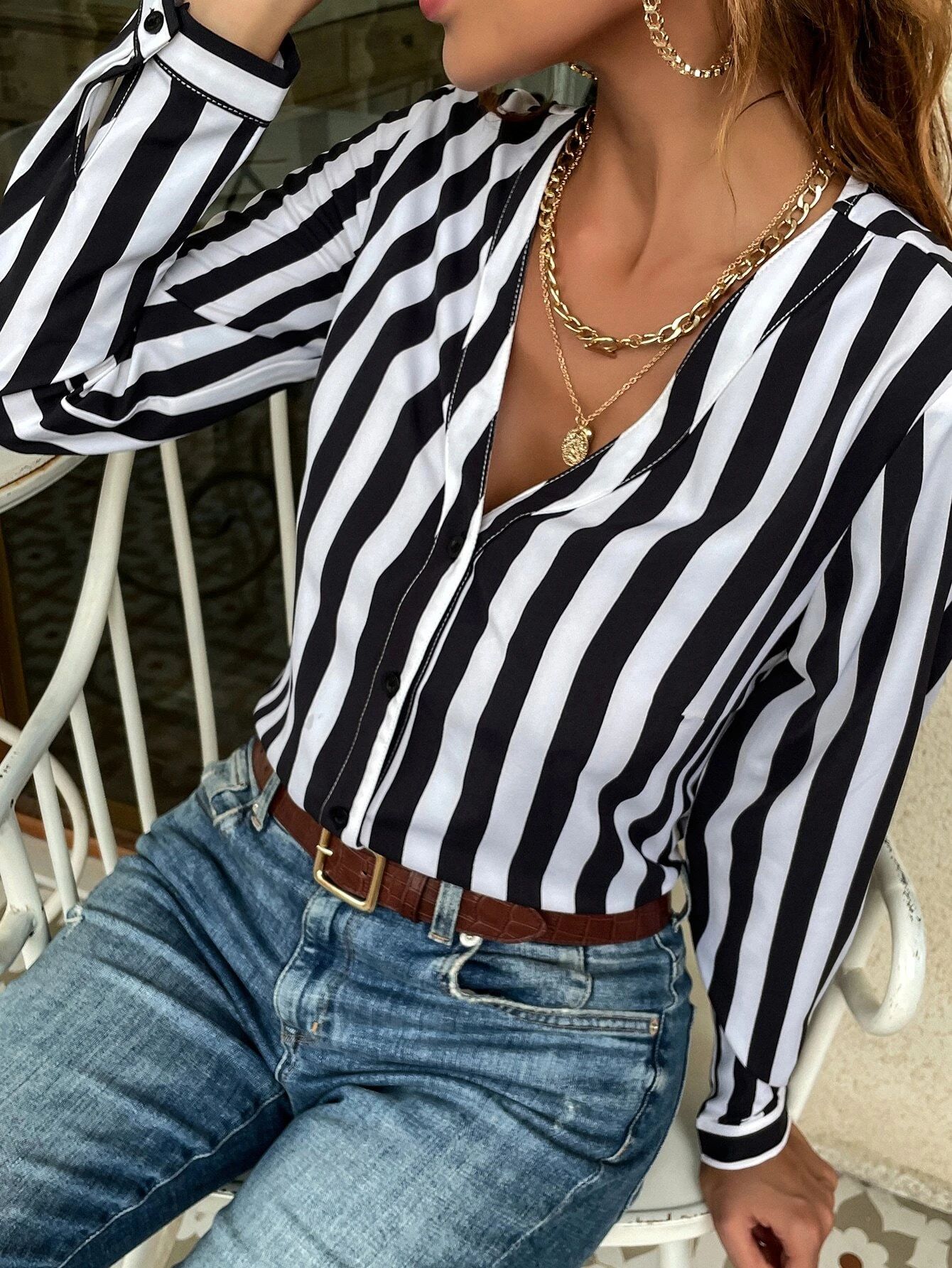 Striped Print Button Front Blouse | SHEIN