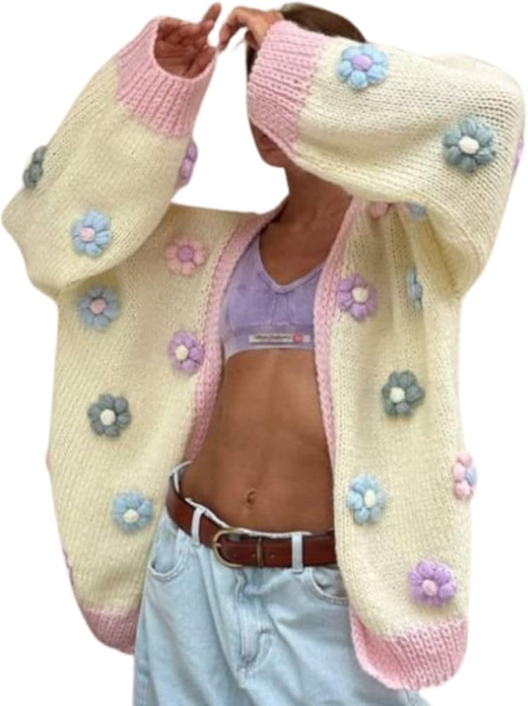 Women's Crochet Flower Embroidered Cardigan Long Sleeve Open Front 3D Floral Chunky Knitted Sweat... | Amazon (US)